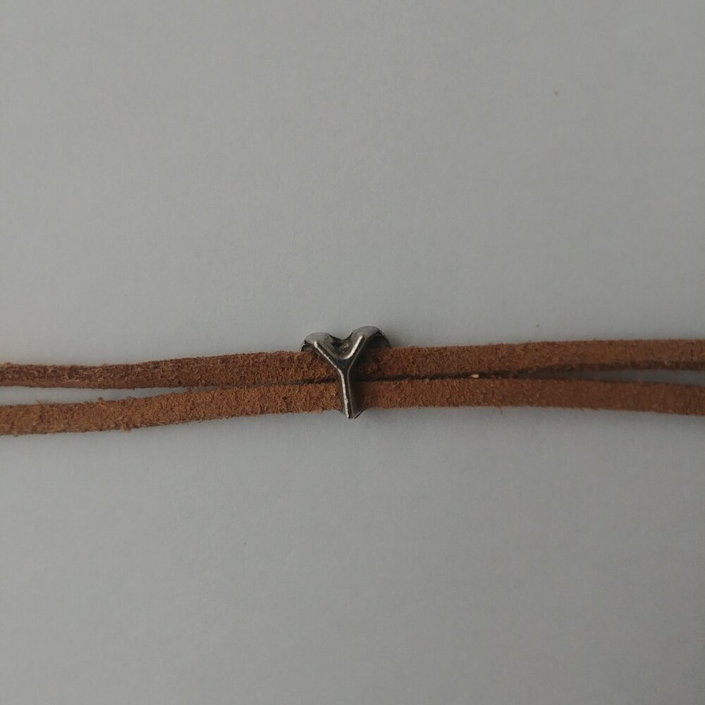 Y2K Brown leather double strand short necklace choker silver heart - Picture 4 of 9